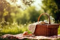 A picnic basket filled with a variety of food and drinks is laid out on a blanket spread across the green grass., Picnic basket Royalty Free Stock Photo
