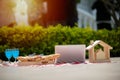 Picnic basket with food and drink on blanket. Picnic lunch outdoor in a field on sunny day with bread Royalty Free Stock Photo