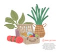 Picnic basket with food and drink. Invitation card for party celebration. Vector cartoon illustration Royalty Free Stock Photo