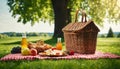 A picnic basket with food and drinks on a blanket Royalty Free Stock Photo