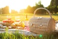 Picnic basket, food and drinks on blanket outdoors Royalty Free Stock Photo