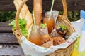 Picnic basket with food and drinks on a park bench for lunch