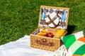 Picnic Basket Food On White Blanket With Pillows Royalty Free Stock Photo