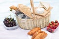 Picnic basket, food and wine glasses on blanket Royalty Free Stock Photo