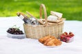 Picnic basket, food and wine at summer park Royalty Free Stock Photo