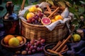 picnic basket with fresh fruits and spices for mulled wine