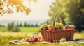 Picnic basket with fruit and bakery on meadow. Royalty Free Stock Photo