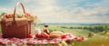 Picnic basket with fruit and bakery on meadow. Royalty Free Stock Photo