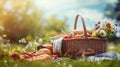 Picnic basket with fruit and bakery on meadow. Royalty Free Stock Photo