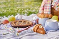 Picnic basket with fruit and bakery on a plaid and a green meadow with flowers.Lunch sweet cake, croissants, drinks Royalty Free Stock Photo