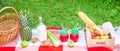 Picnic basket, fruit, juice in small bottles, apples, milk, pineapple summer, rest, plaid, grass Copy space Banner Top view