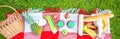 Picnic basket, fruit, juice in small bottles, apples, milk, pineapple summer, rest, plaid, grass Copy space