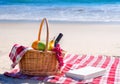 Picnic basket with fruits by the ocean Royalty Free Stock Photo