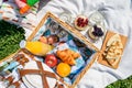 Picnic Basket With Fruits, Orange Juice, Croissants, Quesadilla And No Bake Blueberry And Strawberry Cheesecake Royalty Free Stock Photo