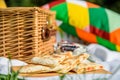 Picnic Basket With Fruits, Orange Juice, Croissants, Quesadilla And No Bake Blueberry And Strawberry Cheesecake Royalty Free Stock Photo