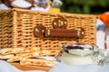 Picnic Basket With Fruits, Orange Juice, Croissants, Quesadilla And No Bake Blueberry And Strawberry Cheesecake Royalty Free Stock Photo