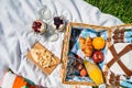 Picnic Basket With Fruits, Orange Juice, Croissants, Quesadilla And No Bake Blueberry And Strawberry Cheesecake Royalty Free Stock Photo