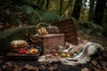 picnic with basket full of treats and blanket to wander in the woods