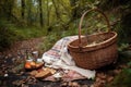 picnic with basket full of treats and blanket to wander in the woods