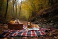 picnic with basket full of treats and blanket to wander in the woods