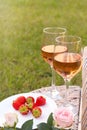 Picnic basket with glasses of delicious rose wine, strawberries and flowers outdoors