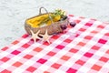 Picnic basket with glasses of red wine and starfishes on a blanket Royalty Free Stock Photo