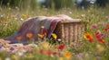 Picnic basket on the grass with daisies at sunset Royalty Free Stock Photo