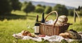 Picnic basket on grass with food and drink on blanket. Picnic lunch outdoor in a field on sunny day with bread, fruit and bottle