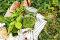 Picnic basket with homemade pesto sauce in a glass jar with ingredients basil, pine nuts and baguette outdoors. Pesto - Royalty Free Stock Photo