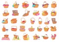 Picnic basket icons set, cartoon style