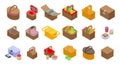 Picnic basket icons set, isometric style