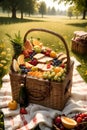 A picnic basket illed with fresh fruit and bread on a blanket in a beautiful meadow, food, printable