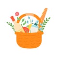 Picnic basket isolated on white background. Cookout food flower and wine. Summer outdoor holiday activity elements. Vector flat