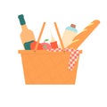 Picnic basket isolated on white background. Cookout food and wine. Summer outdoor holiday activity elements. Vector flat