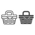 Picnic basket line and solid icon, summer time concept, Wicker picnic basket sign on white background, basket with food