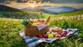 Picnic basket with lot of food on rag on meadow in spring Royalty Free Stock Photo