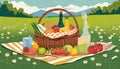 Picnic basket with lot of food on rag on meadow in spring Royalty Free Stock Photo