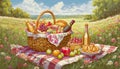 Picnic basket with lot of food on rag on meadow in spring Royalty Free Stock Photo