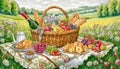 Picnic basket with lot of food on rag on meadow in spring Royalty Free Stock Photo