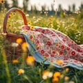 Picnic basket on the meadow with daisies at sunset Royalty Free Stock Photo