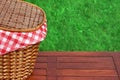 Picnic Basket On The Outdoor Rustic Wood Table Close-up Royalty Free Stock Photo