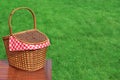 Picnic Basket On The Outdoor Rustic Wood Table Close-up Royalty Free Stock Photo