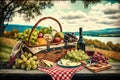 picnic basket overflowing with fruits, cheeses, and bottles of wine on scenic park bench