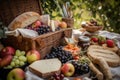 picnic basket overflowing with sandwich fixings, fruit, and chips Royalty Free Stock Photo