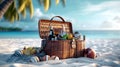 Picnic basket on a paradise exotic sandy beach