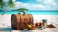 Picnic basket on a paradise exotic sandy beach