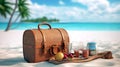 Picnic basket on a paradise exotic sandy beach