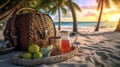 Picnic basket on a paradise exotic sandy beach