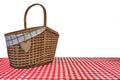 Picnic Basket On The Red Checkered Tablecloth Isolated On White Royalty Free Stock Photo