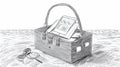 Picnic basket on a sandy beach contains an open tablet displaying text